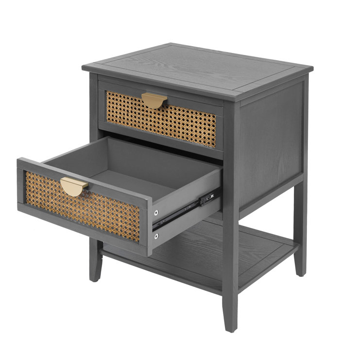 Bay Isle Home Clyne Wood Side Table with 2 Rattan Drawers, Modern